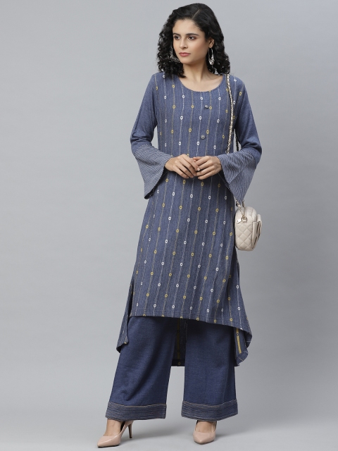 

Cayman Women Navy Blue & White Self Design Pure Wool Winter Kurta with Palazzos
