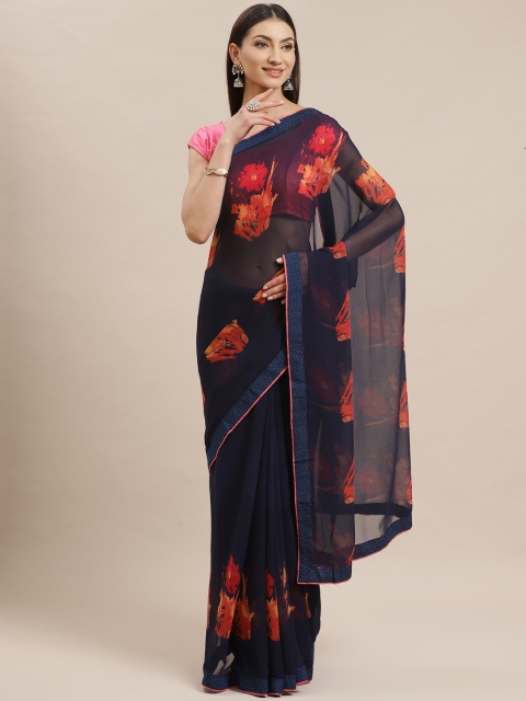 

Shaily Navy Blue & Orange Floral Print Saree