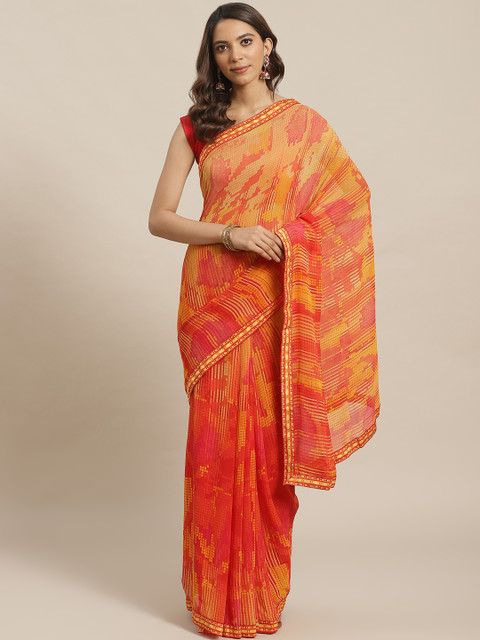 

Shaily Mustard Yellow & Orange Printed Saree
