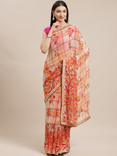 

Shaily Cream-Coloured & Pink Floral Printed Saree