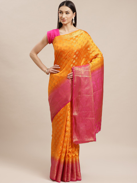 

Shaily Orange & Golden Zari Woven Design Saree