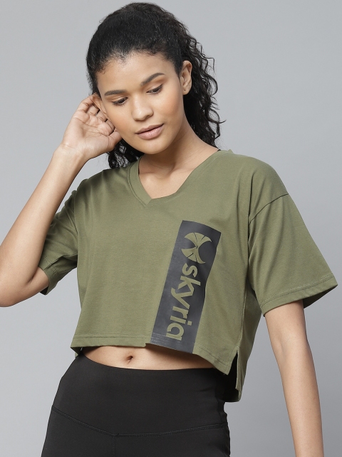 

skyria Women Olive Green & Black Printed V-Neck Cropped T-shirt