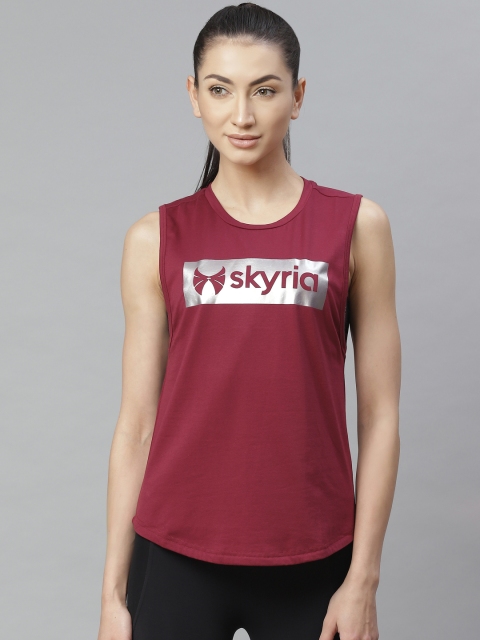 

skyria Women Pink & Silver Relaxed Fit Brand Logo Printed High-Low Round Neck T-Shirt, Burgundy