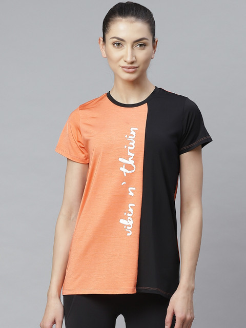 

skyria Women Orange & Black Colourblocked Round Neck T-shirt