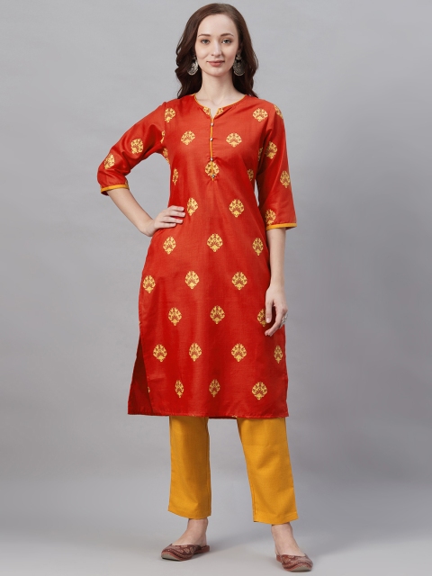 

Shree Women Red & Mustard Yellow Printed Kurta with Trousers