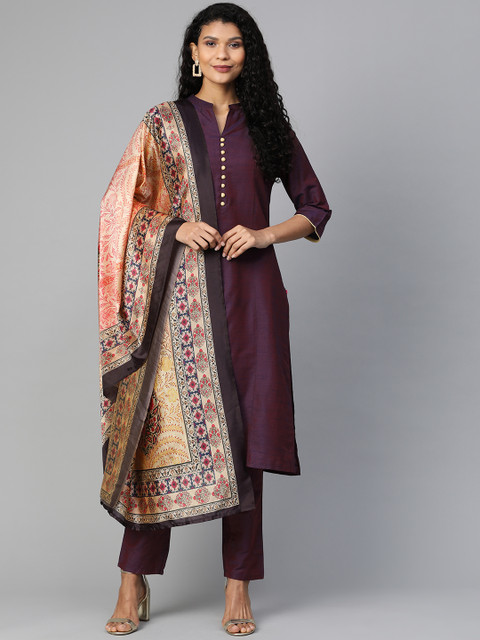 

Shree Women Purple & Beige Solid Kurta with Trousers & Dupatta