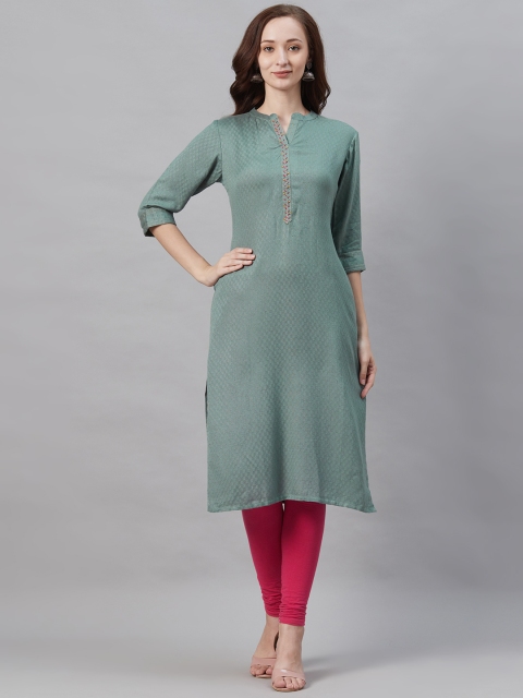

Shree Women Green Geometric Woven Design Dobby Weave Straight Kurta