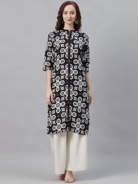 

Shree Women Black & White Geometric Print Straight Kurta