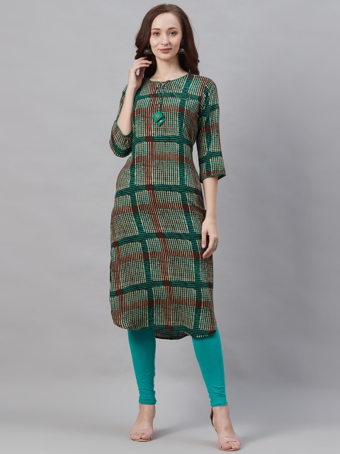 

Shree Women Blue & Brown Checked Straight Kurta
