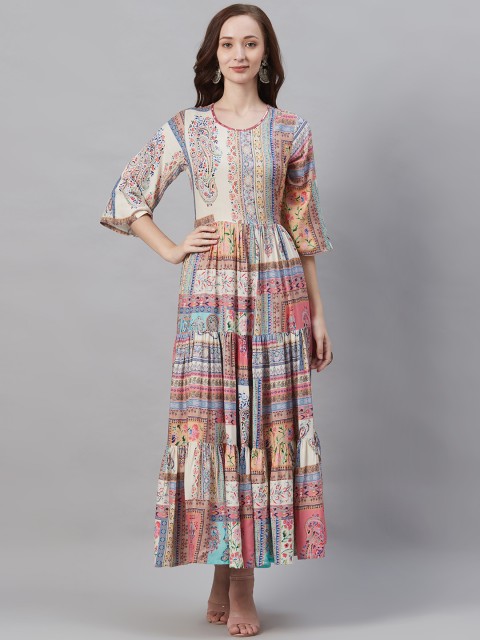 

Shree Women Multicoloured Ethnic Motifs Print Tiered Maxi Dress, Multi