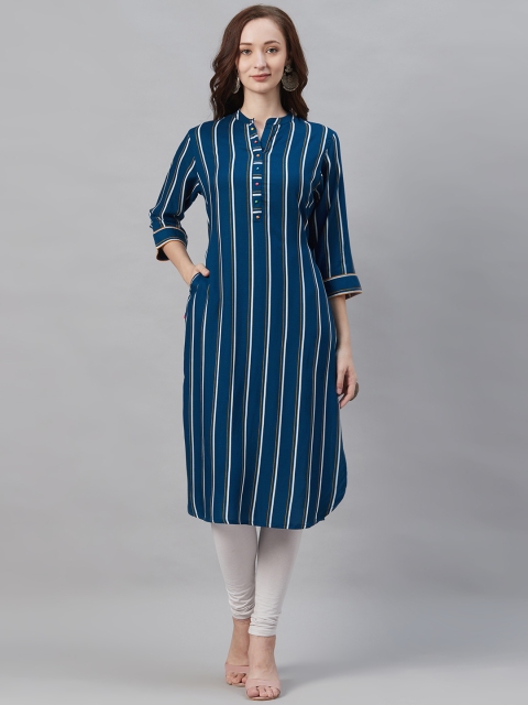 

Shree Women Teal Blue & White Striped Straight Kurta
