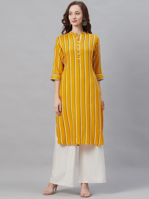 

Shree Women Mustard Yellow & White Striped Straight Kurta
