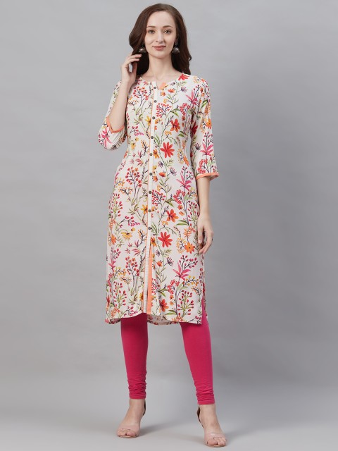 

Shree Women White & Coral Red Floral Print Straight Kurta