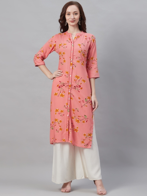 

Shree Women Pink & Mustard Yellow Floral Printed Straight Kurta