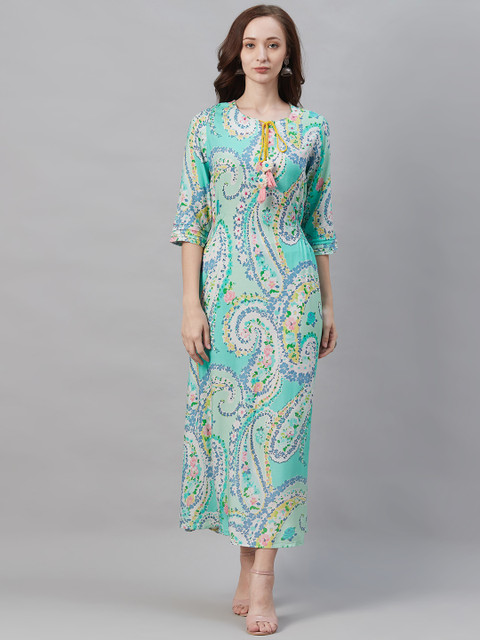

Shree Women Sea Green & White Paisley Print Smocked Detail Maxi Dress