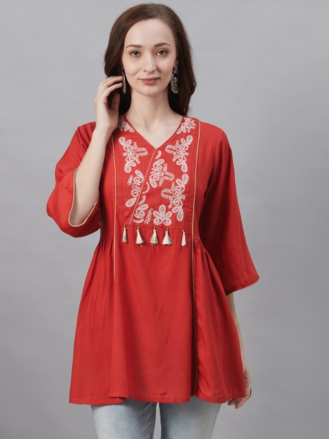 

Shree Women's Red & White Ethnic Motifs Embroidered Tunic with Tasselled Detail