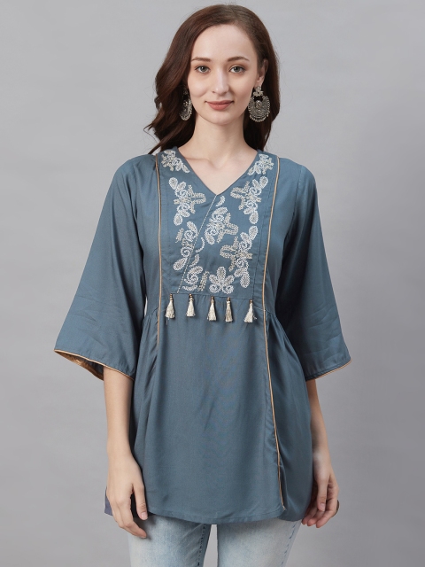 

Shree Women's Blue & White Ethnic Motifs Embroidered Tunic with Tasselled Detail