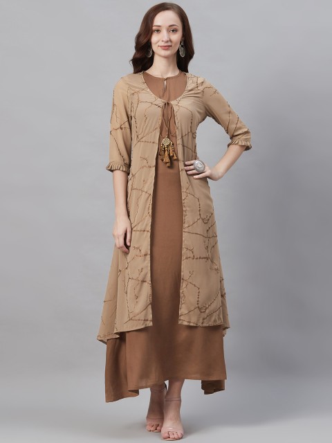 

Shree Women Beige & Brown Abstract Print Layered Maxi Dress