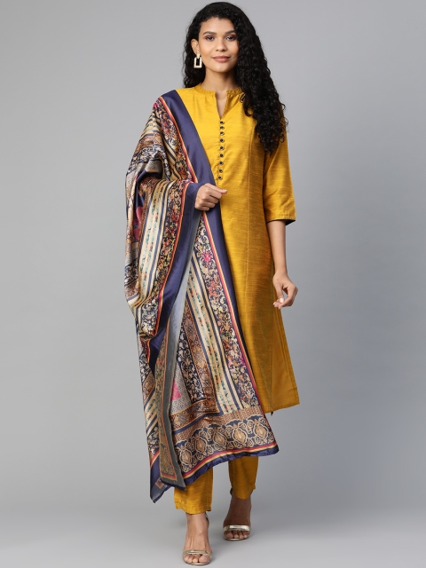 

Shree Women Mustard Yellow & Navy Blue Solid Kurta with Trousers & Dupatta