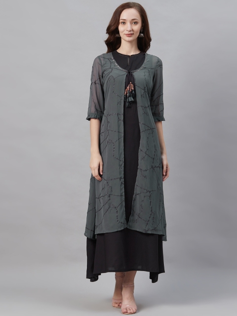 

Shree Women Charcoal Grey Abstract Print Layered Maxi Dress