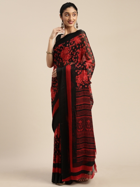 

DIVASTRI Black & Red Pure Chiffon Floral Printed Saree