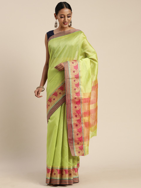 

DIVASTRI Green Cotton Blend Solid Chanderi Saree