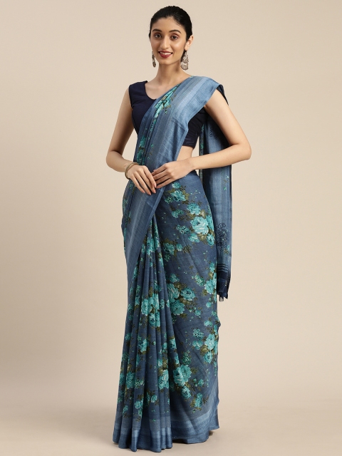 

DIVASTRI Blue & Green Pure Chiffon Floral Printed Saree