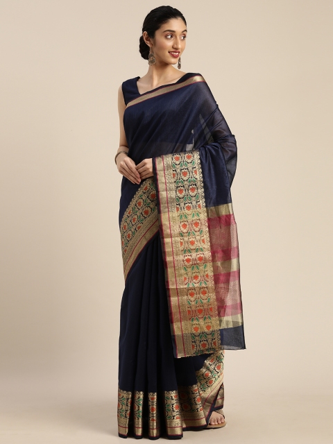 

DIVASTRI Navy Blue & Golden Cotton Blend Solid Saree