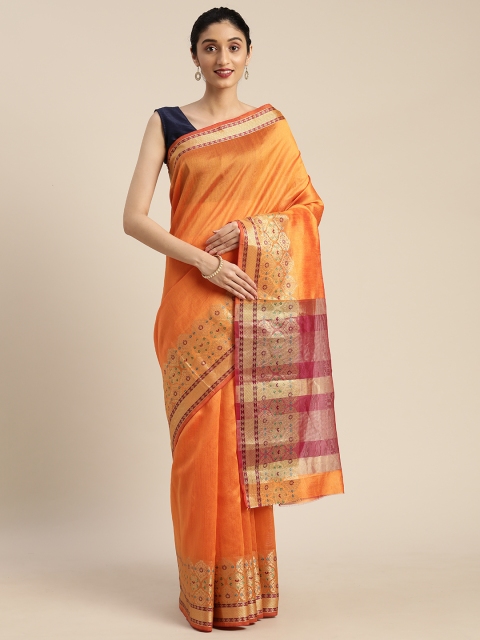 

DIVASTRI Orange & Golden Cotton Blend Solid Saree