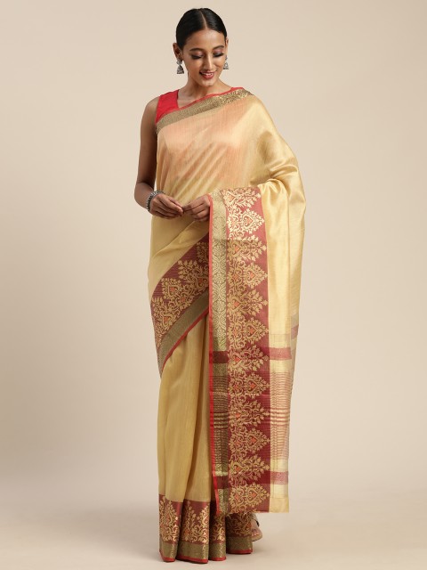 

DIVASTRI Cream-Coloured Cotton Blend Solid Chanderi Saree