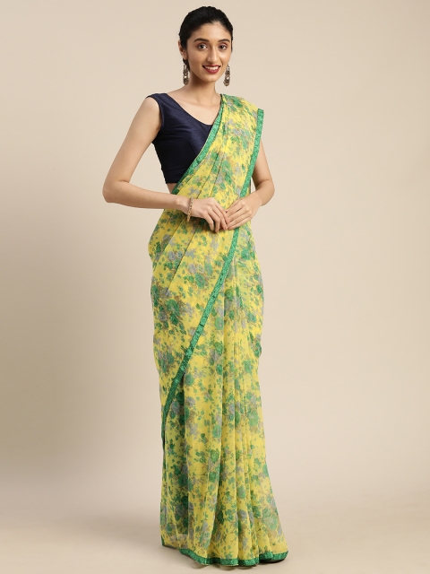 

DIVASTRI Yellow & Green Pure Georgette Floral Printed Saree