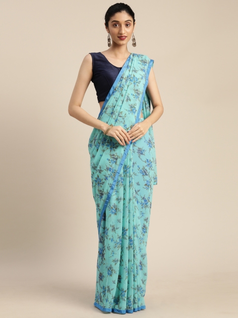 

DIVASTRI Turquoise Blue & Green Pure Georgette Floral Printed Saree