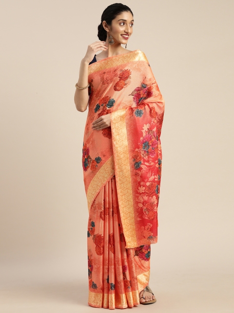 

DIVASTRI Peach-Coloured & Red Jute Silk Floral Printed Saree