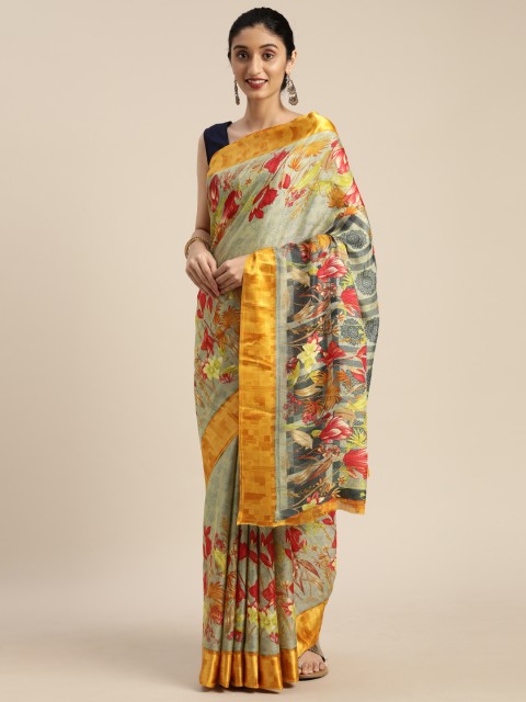 

DIVASTRI Green & Yellow Jute Silk Printed Saree