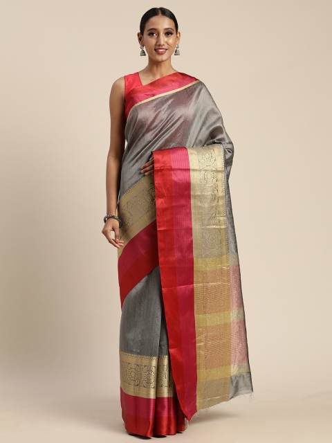 

DIVASTRI Grey Cotton Blend Solid Chanderi Saree