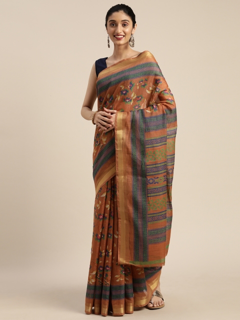 

DIVASTRI Brown & Green Polycotton Floral Printed Saree