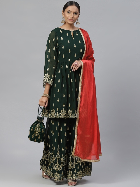 

Readiprint Fashions Green Zari Embroidered Semi-Stitched Dress Material With Potli