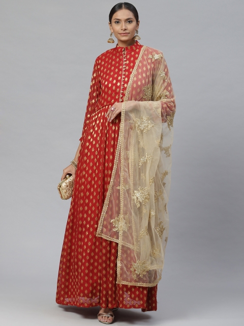 

Readiprint Fashions Maroon & Golden Jacquard Woven Design Semi-Stitched Dress Material