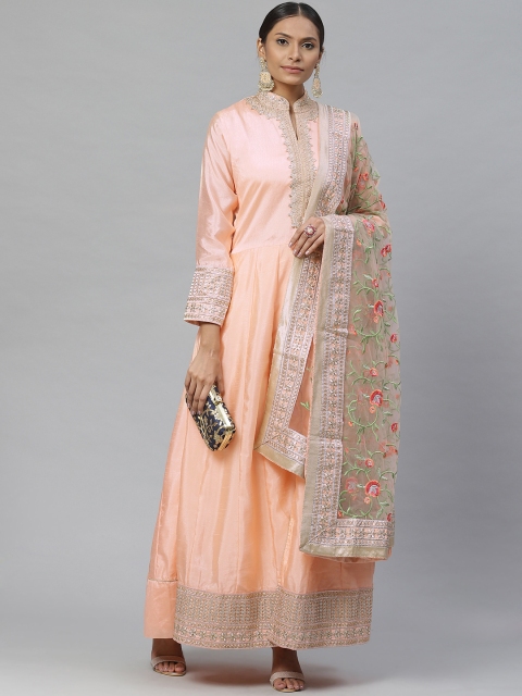 

Readiprint Fashions Peach-Coloured Zari Embroidered Detail Semi-Stitched Dress Material