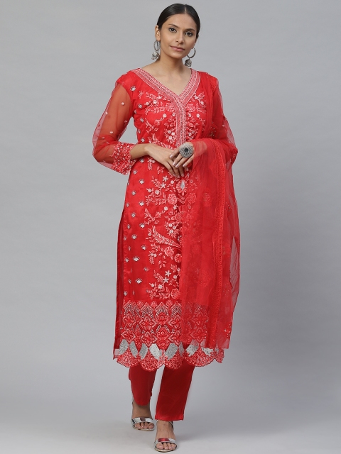 

Readiprint Fashions Red & Silver Embroidered Semi-Stitched Dress Material With Dupatta