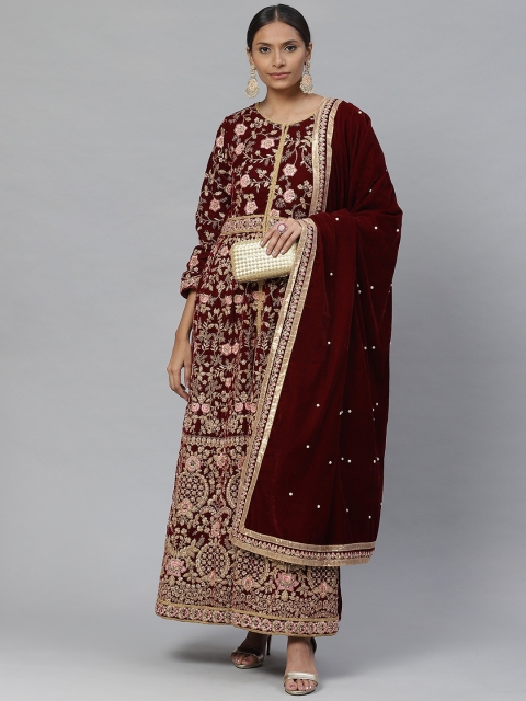

Readiprint Fashions Maroon & Golden Velvet Finish Semi-Stitched Dress Material