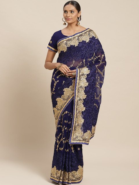 

Readiprint Fashions Navy Blue & Golden Embroidered Saree