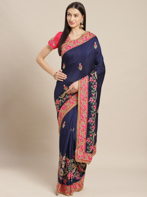 

Readiprint Fashions Navy Blue & Pink Resham Embroidered Saree