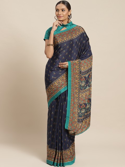 

Readiprint Fashions Navy Blue & Green Poly Crepe Printed Saree