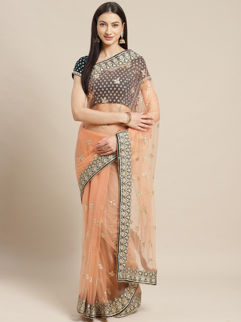 

Readiprint Fashions Peach-Coloured & Golden Net Embroidered Saree