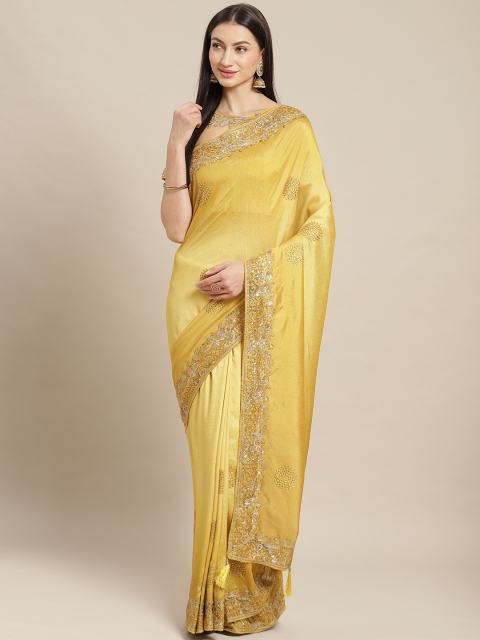 

Readiprint Fashions Mustard Yellow Embellished Satin Saree