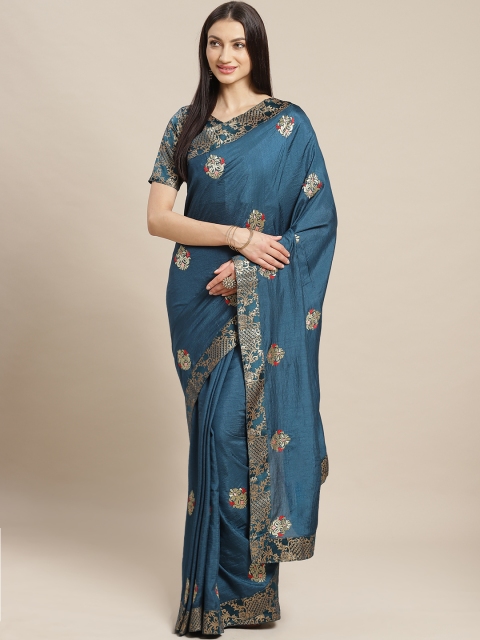 

Readiprint Fashions Teal Blue & Golden Ethnic Embroidered Banarasi Saree