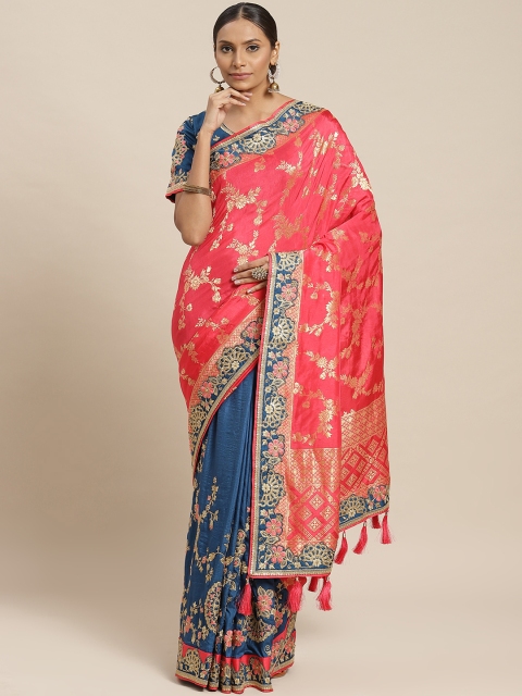 

Readiprint Fashions Teal Blue & Pink Embroidered Half & Half Banarasi Saree