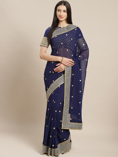 

Readiprint Fashions Navy Blue & Golden Embroidered Saree