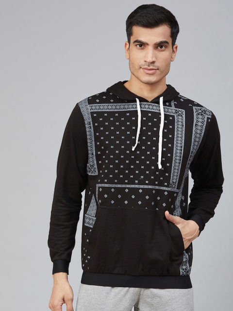 

Hubberholme Men Black & White Printed Hooded Sweatshirt